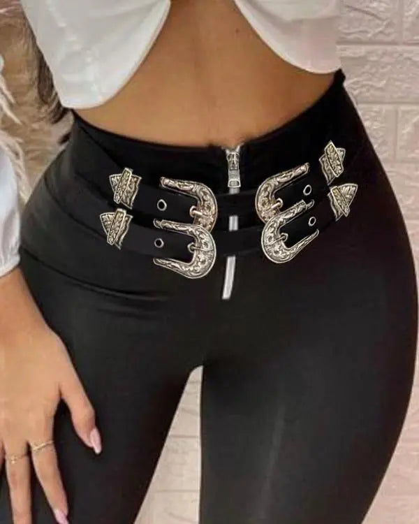Belted High Waist Skinny Pants Slim Fit Pull On Trousers