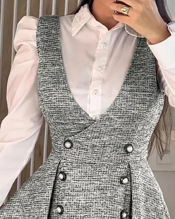 V-Neck A Line Front Botton Thick Strap Mid-Calf Dress Causal Dress