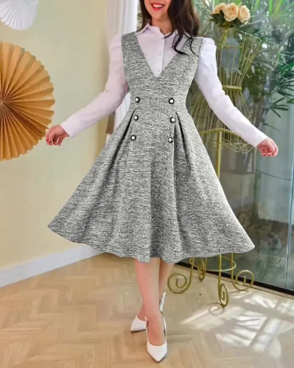 V-Neck A Line Front Botton Thick Strap Mid-Calf Dress Causal Dress