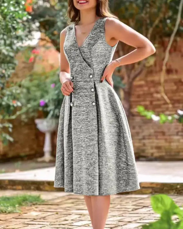 V-Neck A Line Front Botton Thick Strap Mid-Calf Dress Causal Dress