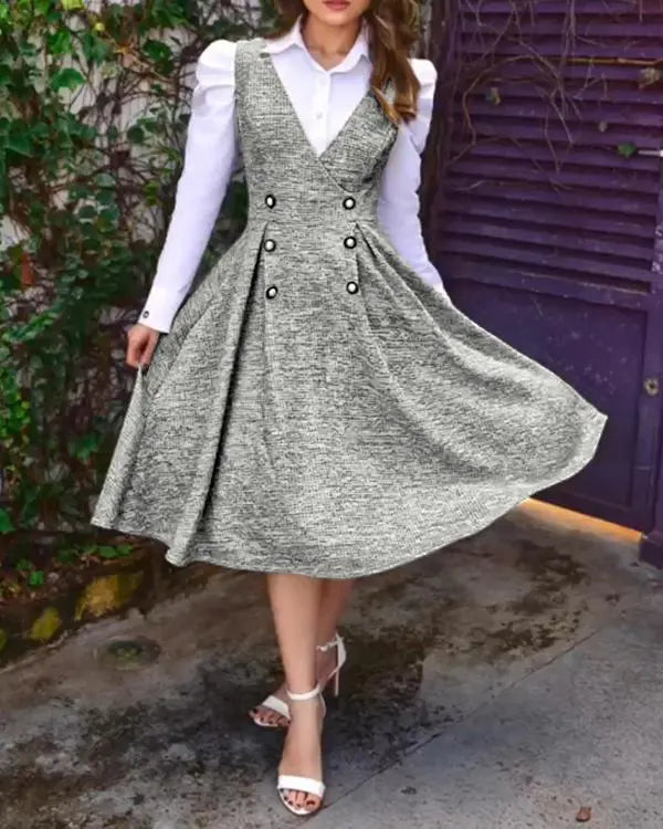 V-Neck A Line Front Botton Thick Strap Mid-Calf Dress Causal Dress