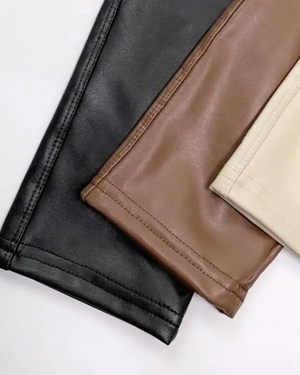 CurveEase PU Leather Leggings High Waist Curved Fleece Lined Tights Casual Pants