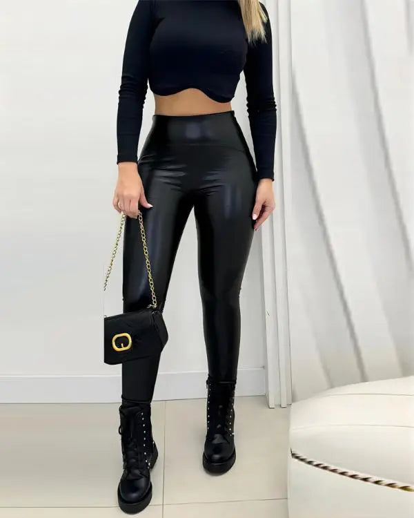 CurveEase PU Leather Leggings High Waist Curved Fleece Lined Tights Casual Pants