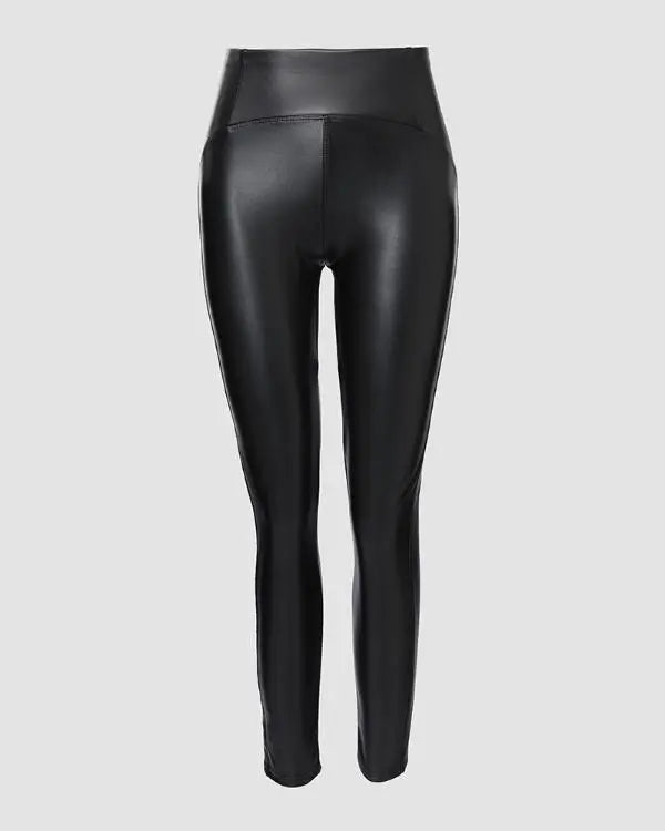 CurveEase PU Leather Leggings High Waist Curved Fleece Lined Tights Casual Pants