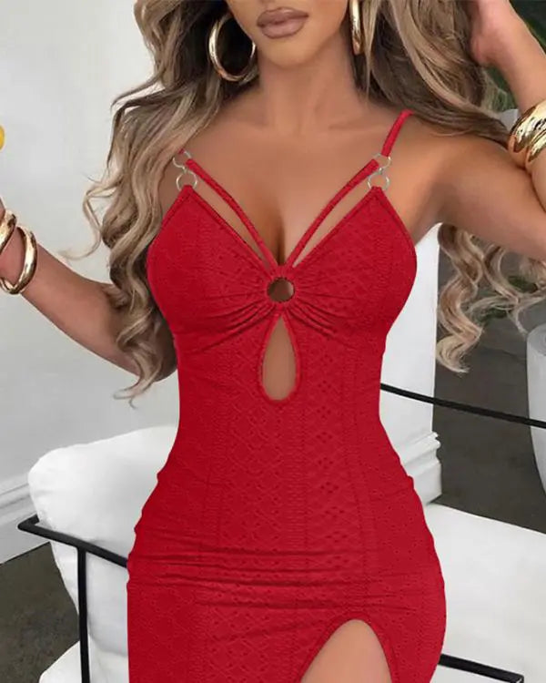 Eyelet Embroidery V Neck Side Slit Bodycon Dress Spaghetti Strap Hollow-out Ruched Maxi Dress
