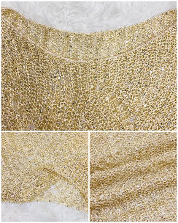 2 Piece Hollow-out Pullover Top Inner Tank Open-Knit Sweater Blouse Set