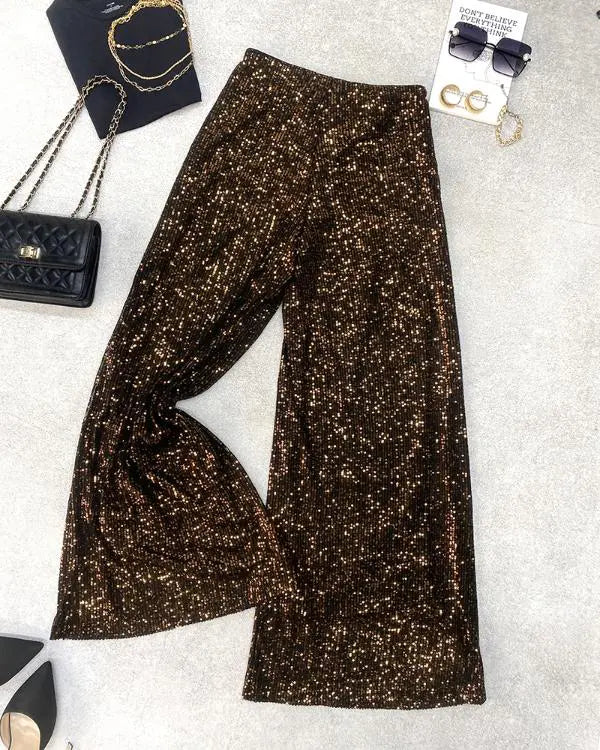 Drawstring Design Allover Shiny Sequins Cuffed Pants Partywear