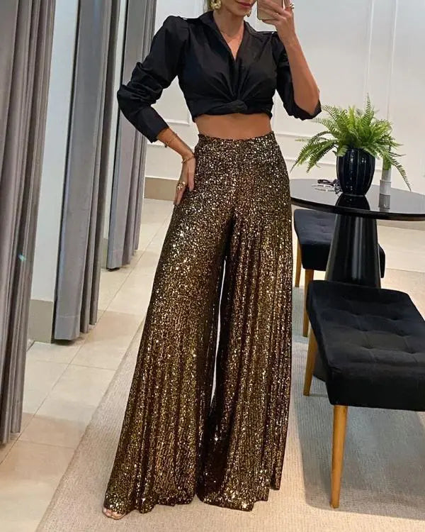 Drawstring Design Allover Shiny Sequins Cuffed Pants Partywear