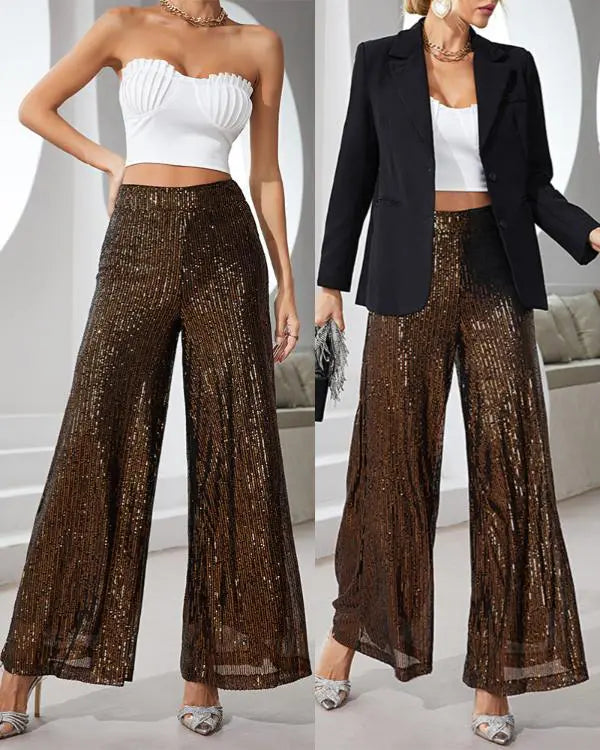 Drawstring Design Allover Shiny Sequins Cuffed Pants Partywear
