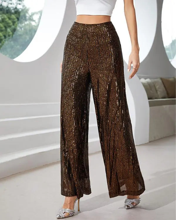 Drawstring Design Allover Shiny Sequins Cuffed Pants Partywear