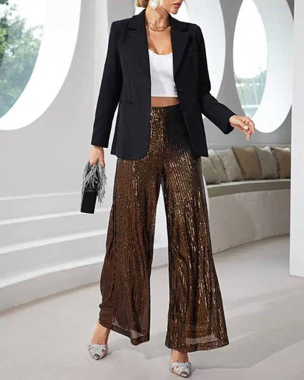 Drawstring Design Allover Shiny Sequins Cuffed Pants Partywear