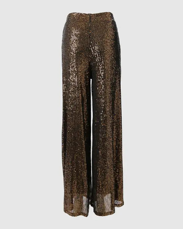 Drawstring Design Allover Shiny Sequins Cuffed Pants Partywear