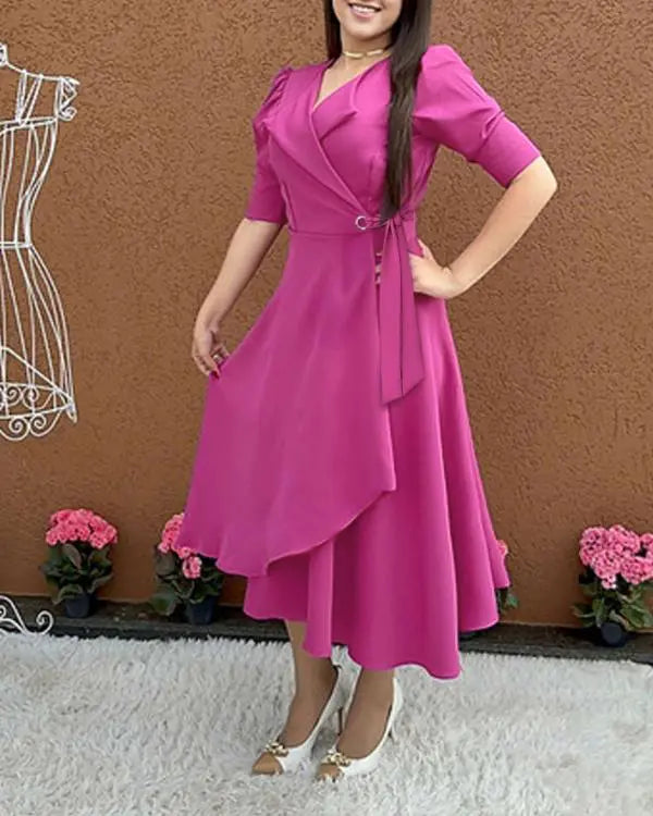 V-Neck Puff Sleeve Ruffles Waist Drawstring Mid-Calf Dress Casual Dress