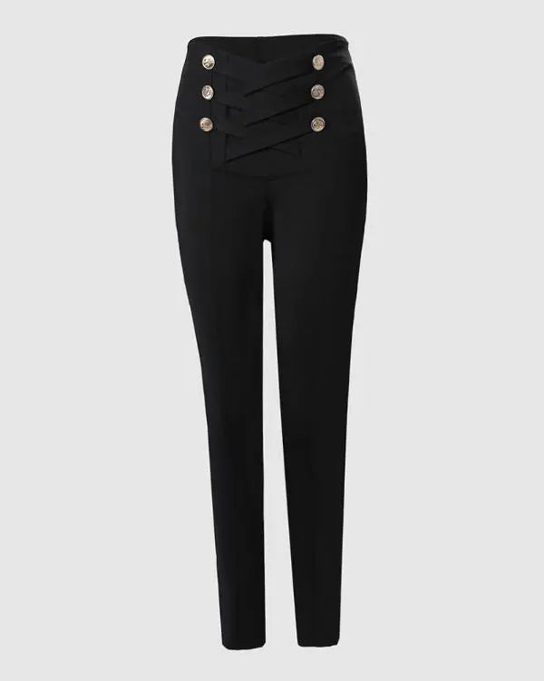 Button Decor High Waist Butt Lift Skinny Pants