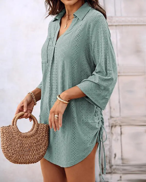 V-Neck Roll Up Sleeve Hollow-out Drawstring Mini Dress Vacation Dress