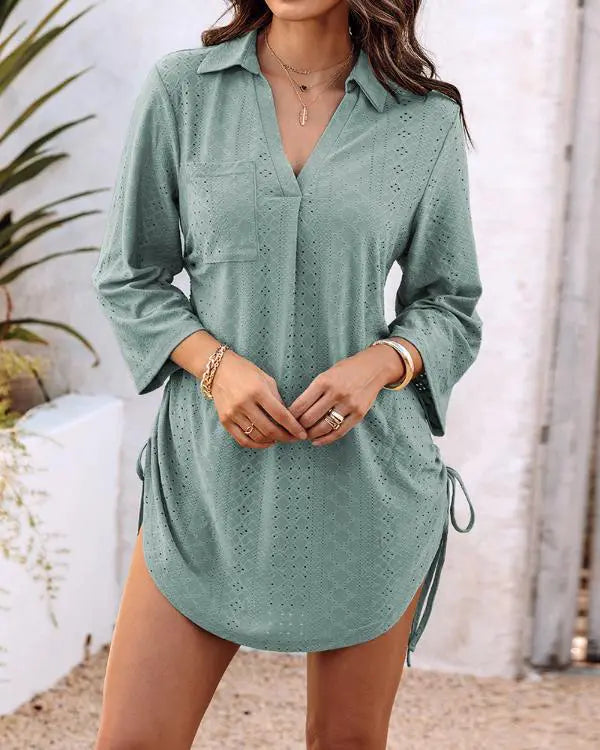 V-Neck Roll Up Sleeve Hollow-out Drawstring Mini Dress Vacation Dress