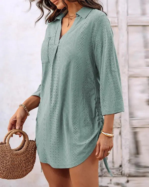 V-Neck Roll Up Sleeve Hollow-out Drawstring Mini Dress Vacation Dress