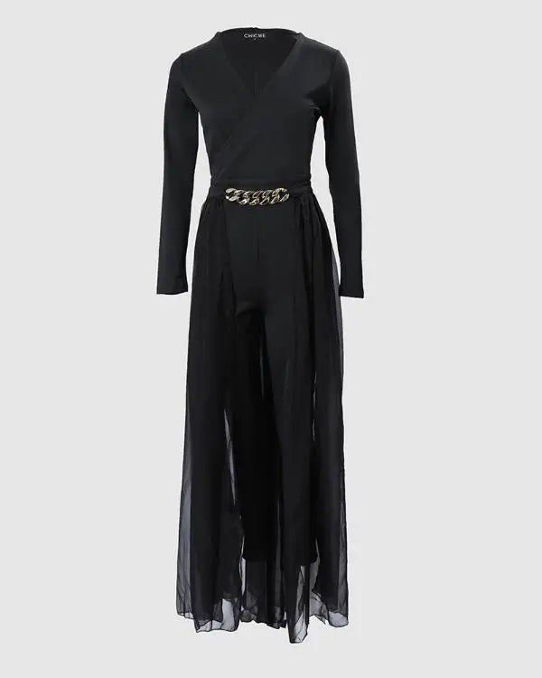 Chain Decor Sheer Mesh Overlap Long Sleeve Jumpsuit