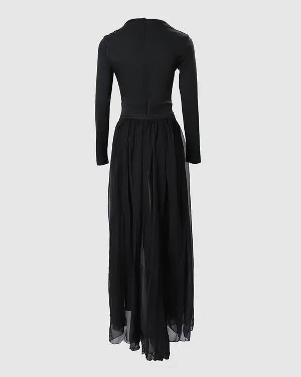 Chain Decor Sheer Mesh Overlap Long Sleeve Jumpsuit