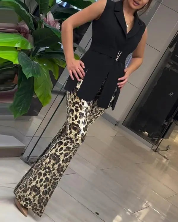 Leopard Pattern Allover Sequin Slim Fit Wide Leg High Waist Casual Pants