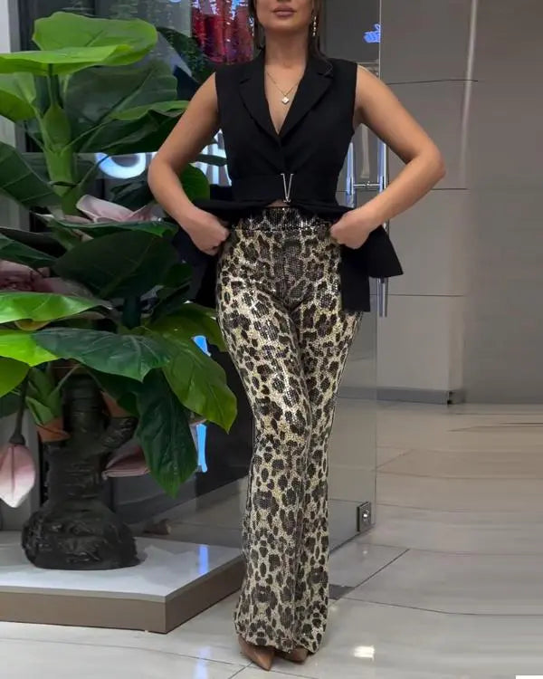 Leopard Pattern Allover Sequin Slim Fit Wide Leg High Waist Casual Pants