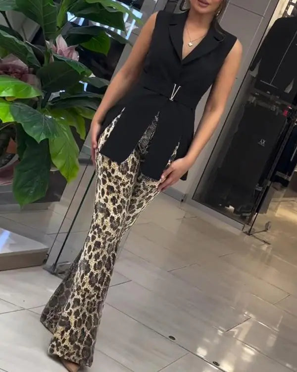 Leopard Pattern Allover Sequin Slim Fit Wide Leg High Waist Casual Pants
