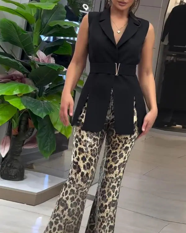 Leopard Pattern Allover Sequin Slim Fit Wide Leg High Waist Casual Pants