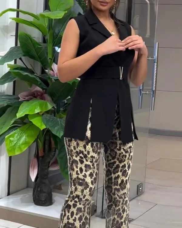 Leopard Pattern Allover Sequin Slim Fit Wide Leg High Waist Casual Pants