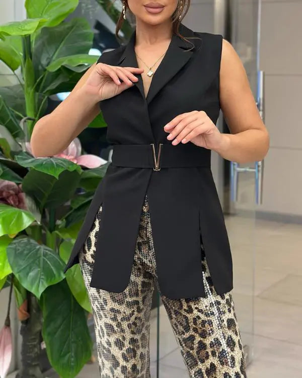 Leopard Pattern Allover Sequin Slim Fit Wide Leg High Waist Casual Pants