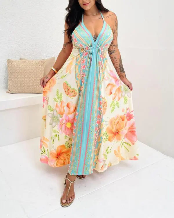 Floral Print Halter Sleeveless Maxi Dress Hollow Out Flowy A Line Vacation Dress