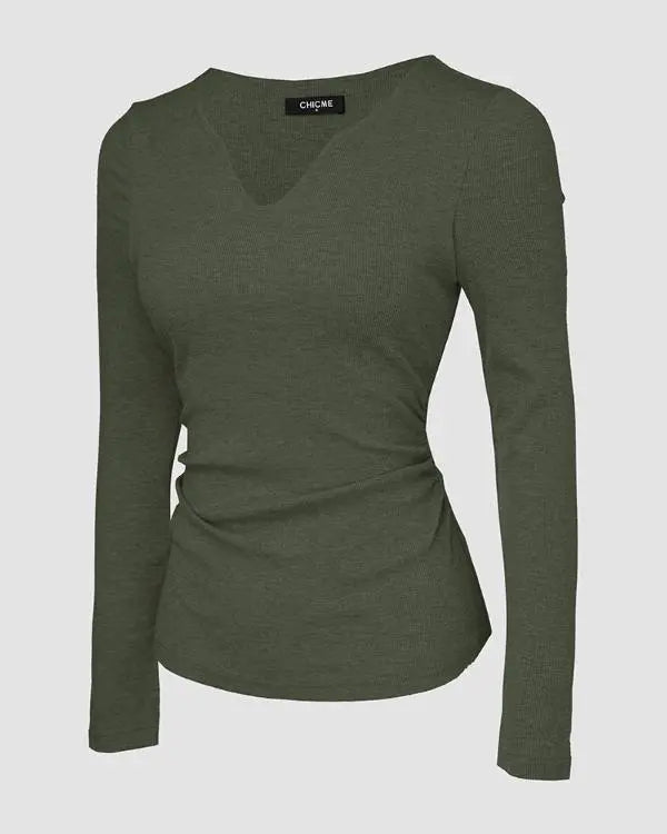 Built-in Bra Notch Neck Long Sleeve Shirts Rib-Knit Ruched Waist Top