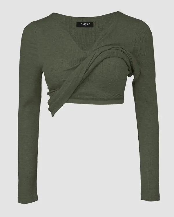 Built-in Bra Notch Neck Long Sleeve Shirts Rib-Knit Ruched Waist Top