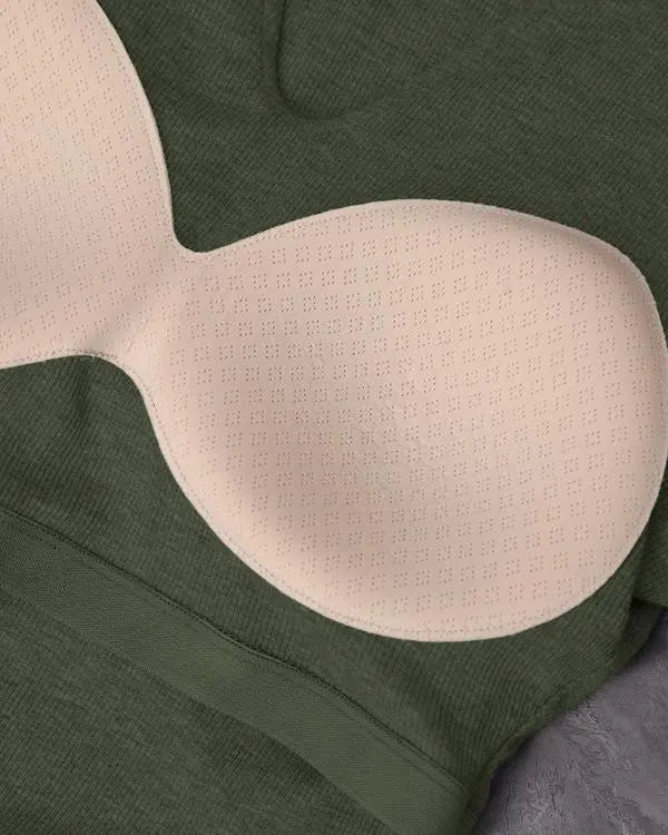 Built-in Bra Notch Neck Long Sleeve Shirts Rib-Knit Ruched Waist Top