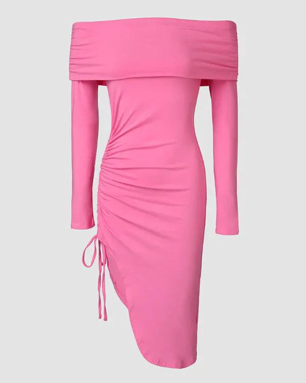 Off Shoulder Long Sleeve Side Drawstring Asymmetrical Hem Bodycon Dress