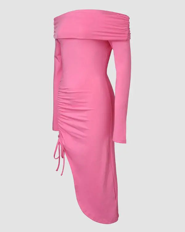 Off Shoulder Long Sleeve Side Drawstring Asymmetrical Hem Bodycon Dress
