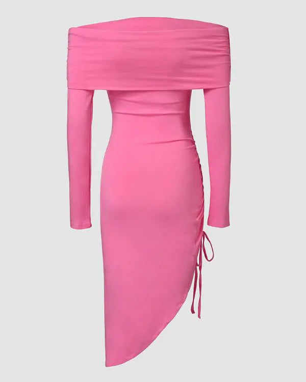 Off Shoulder Long Sleeve Side Drawstring Asymmetrical Hem Bodycon Dress