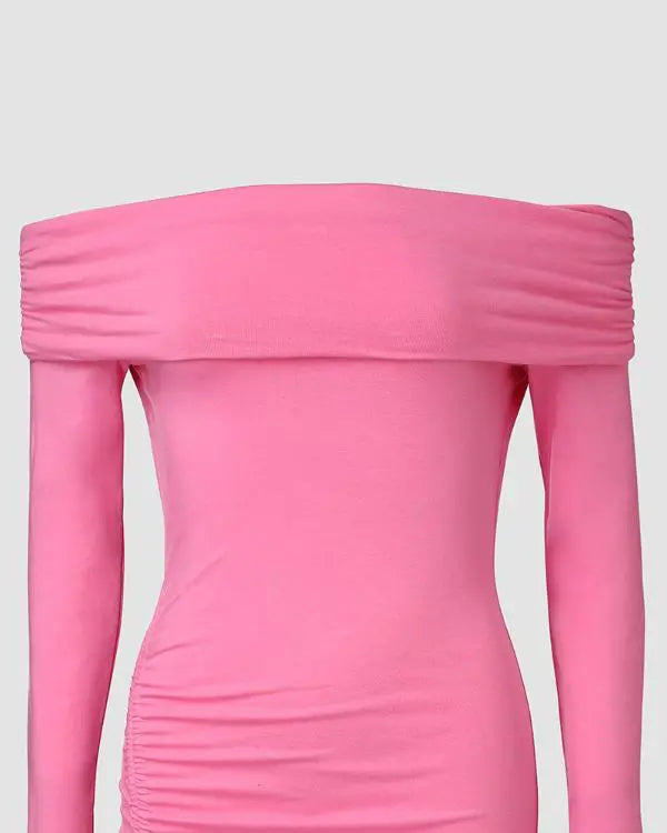 Off Shoulder Long Sleeve Side Drawstring Asymmetrical Hem Bodycon Dress