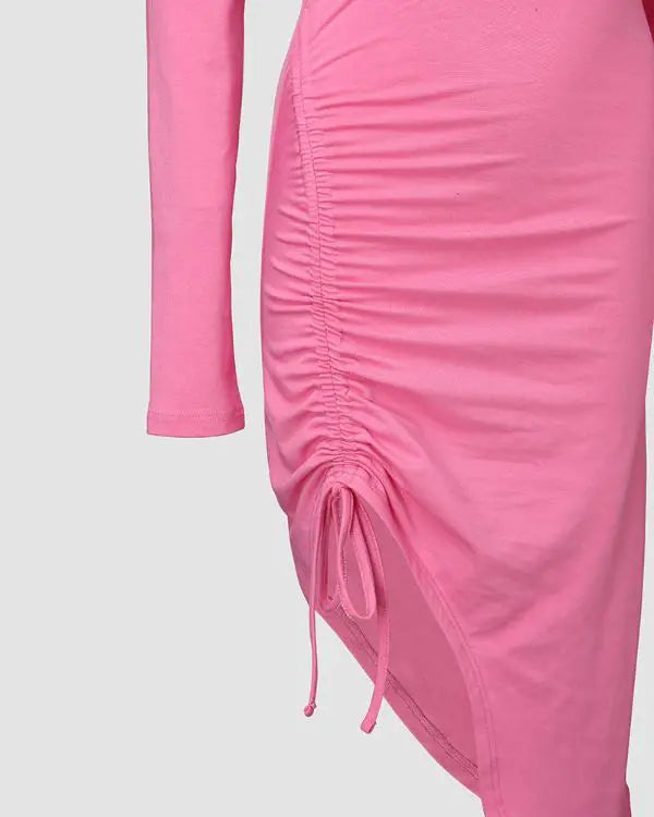 Off Shoulder Long Sleeve Side Drawstring Asymmetrical Hem Bodycon Dress