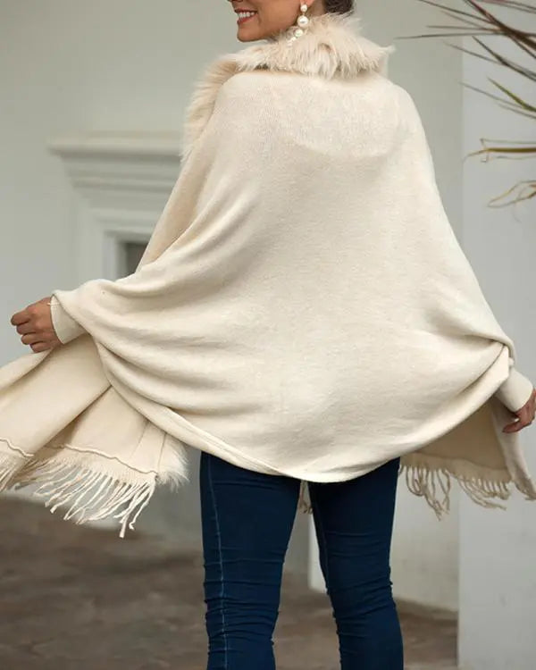 Fuzzy Collar Shawl Poncho Knit Cardigan