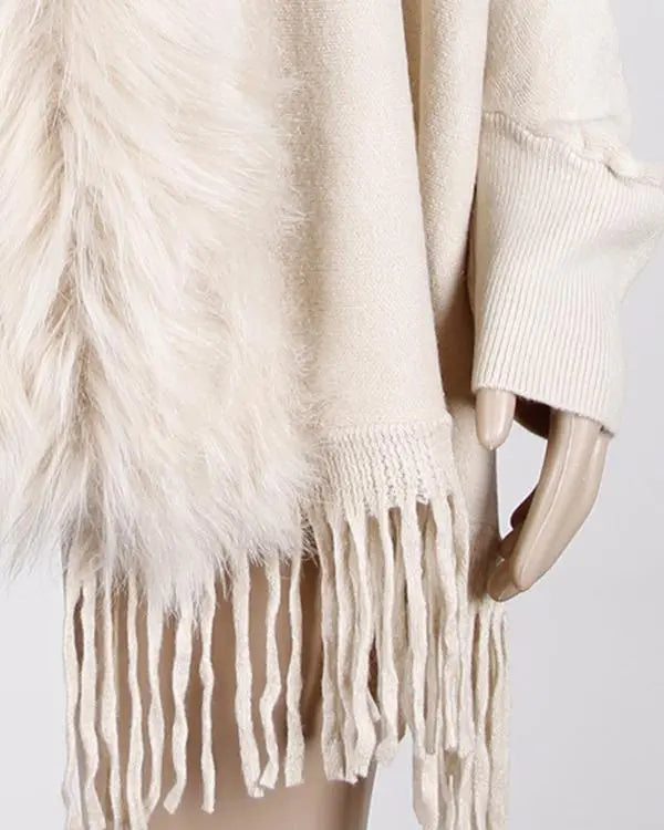 Fuzzy Collar Shawl Poncho Knit Cardigan