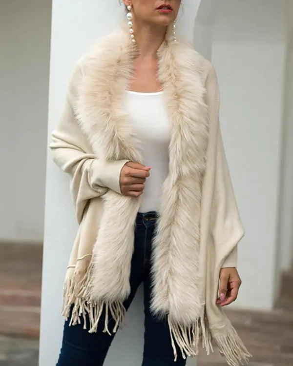 Fuzzy Collar Shawl Poncho Knit Cardigan