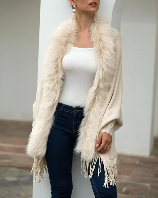 Fuzzy Collar Shawl Poncho Knit Cardigan