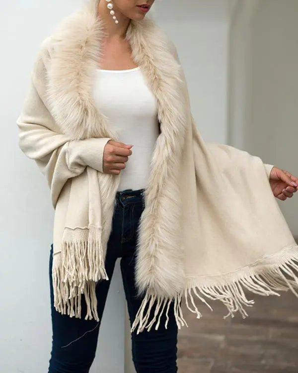 Fuzzy Collar Shawl Poncho Knit Cardigan