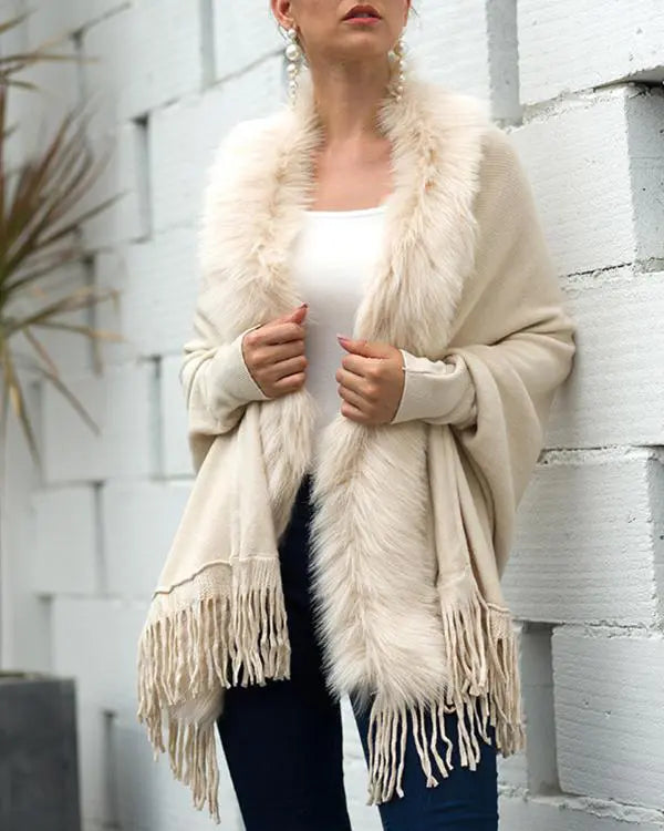 Fuzzy Collar Shawl Poncho Knit Cardigan