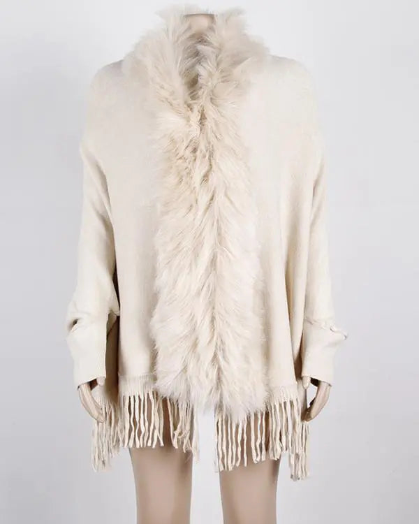 Fuzzy Collar Shawl Poncho Knit Cardigan