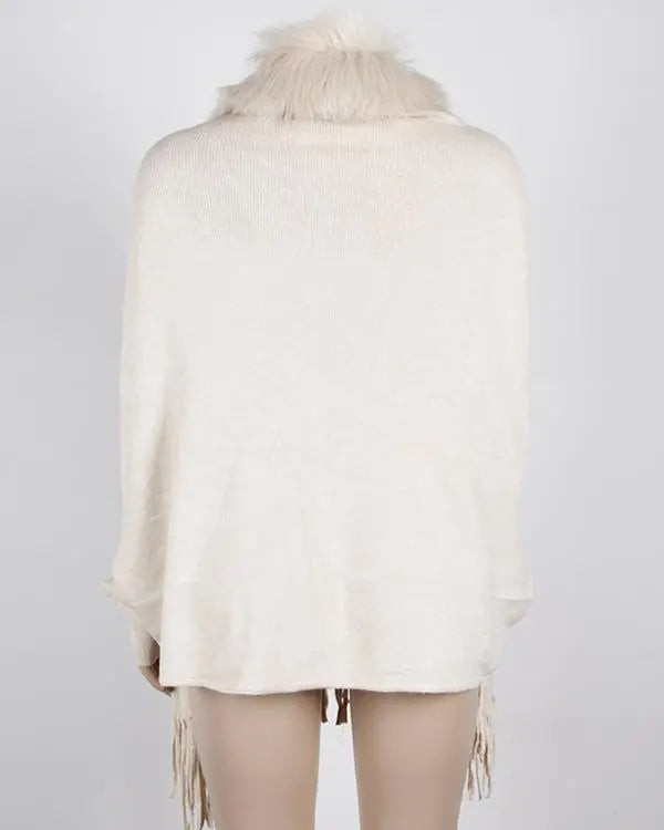 Fuzzy Collar Shawl Poncho Knit Cardigan