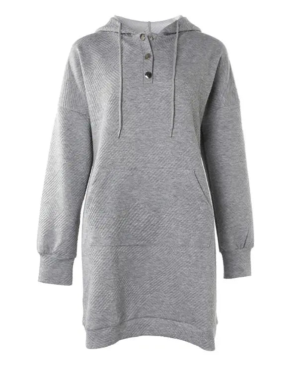 Textured Hooded Button Front Kangaroo Pocket Design Casual Dress