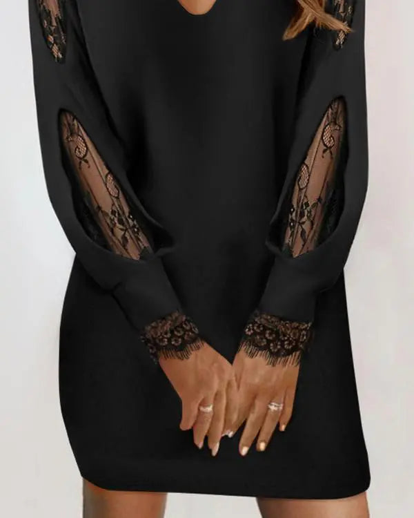 Keyhole Neck Eyelash Lace Patch Casual Dress