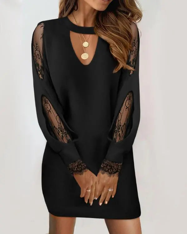 Keyhole Neck Eyelash Lace Patch Casual Dress