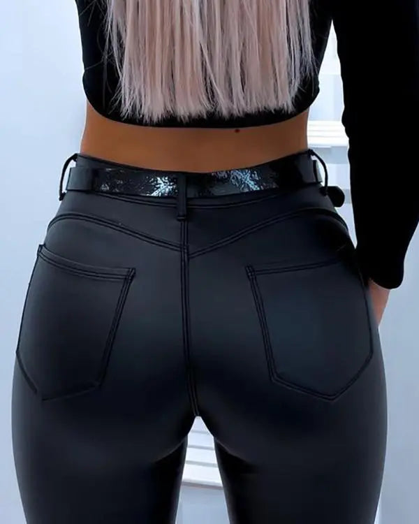 PU Leather Slim Fit Zipper High Waist Pants Casual Pants with Pockets